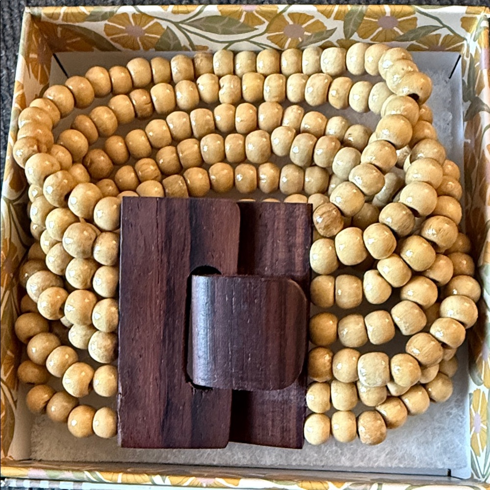 Natural Wood Bead Wrap Bracelet in Light Beige